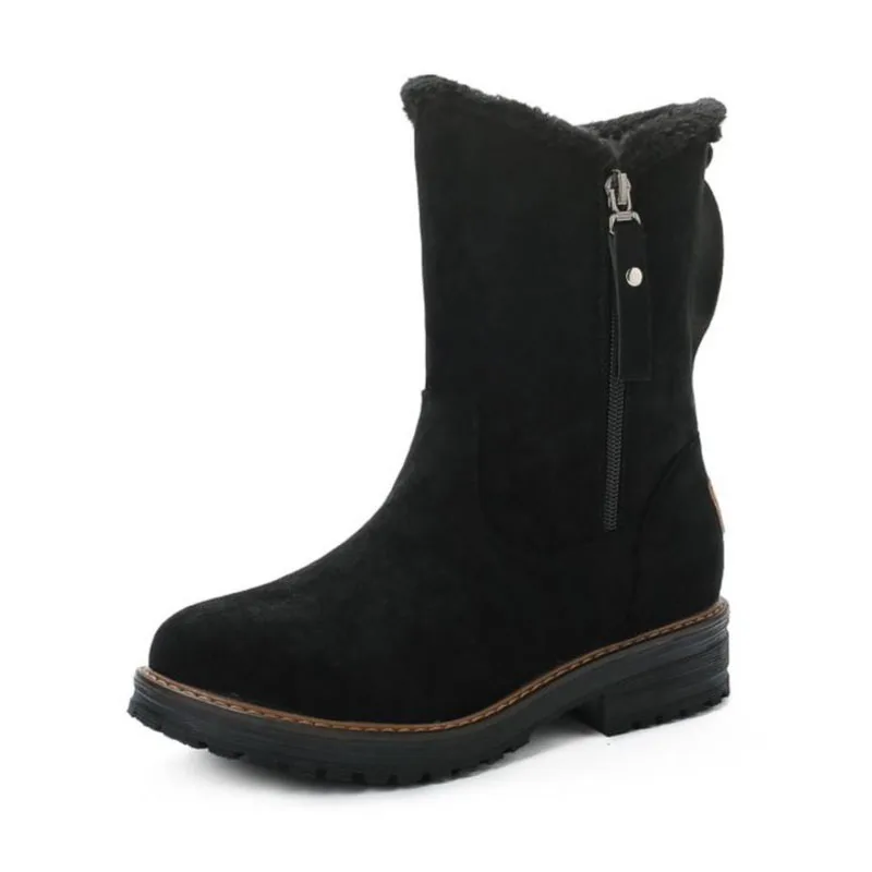 FITWEE Women Zipper Warm Mid Calf Boots Keep Warm Winter Snow Boots Daily Outdoor Flats Daily Shoes Woman Work Size 34-43 - Цвет: Черный