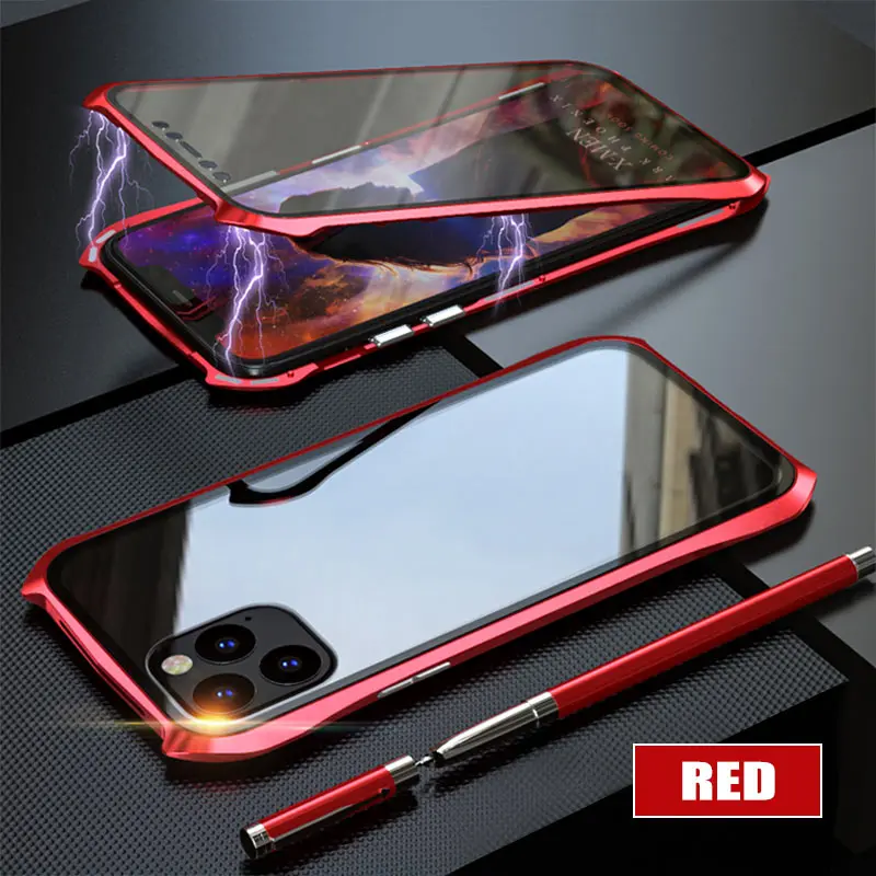 Металлический магнитный адсорбционный чехол для Apple iPhone 11 Pro Max, магнитный чехол, Роскошный Алюминиевый металлический стеклянный 360 Защитный чехол - Цвет: Red
