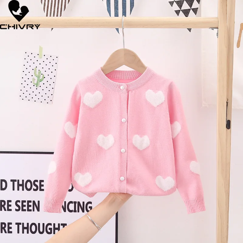 

New 2021 Baby Girls Fashion Knitted Cardigan Sweater Kids Autumn Warm Heart Embroidery Button Cardigan Sweater Jackets