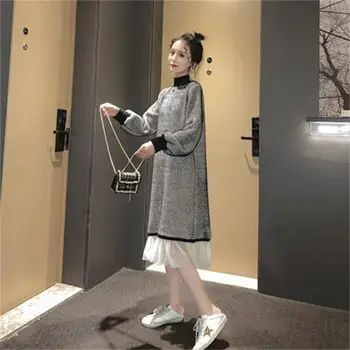 

The new fake two knitted dress autumn and winter female sweet bow loose long-sleeved dress