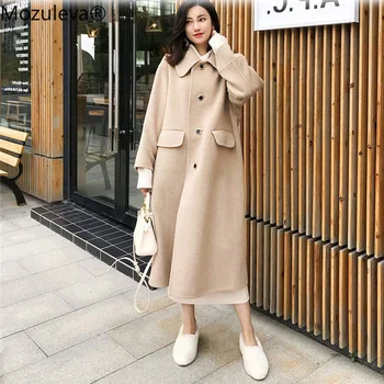 

Mozuleva 2019 Autumn Winter Warm Ladies Blend Coat Elegant Women Stand Collar Single Breasted Woolen Overcoats Long Female Coat
