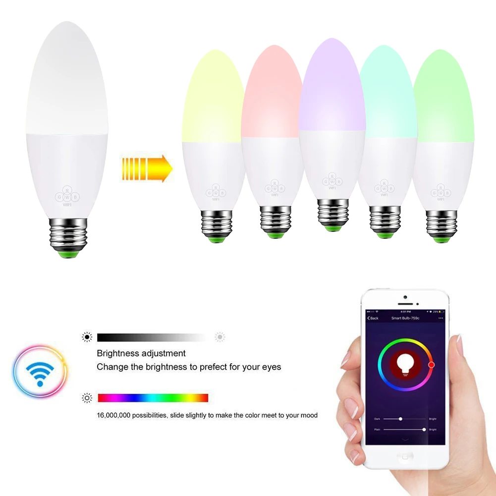 2019 смарт WiFi свеча свет E14/E27 лампочки RGB поддержка Alexa/Google Home умный Голосовое