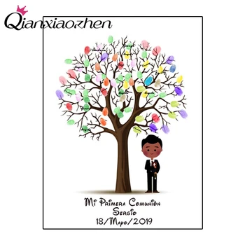 

Qianxiaozhen Personalized Canvas Fingerprint Tree Signature DIY Guest Book For Boy First Holy Communion Souvenir Decorations