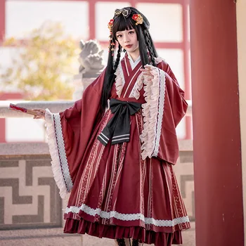 

2020 New Chinese Style Han Elements Dress Sweet Girls Women V-Neck Lolita Dress Female Trumpet Sleeve OP Dress Vintage 3Colors