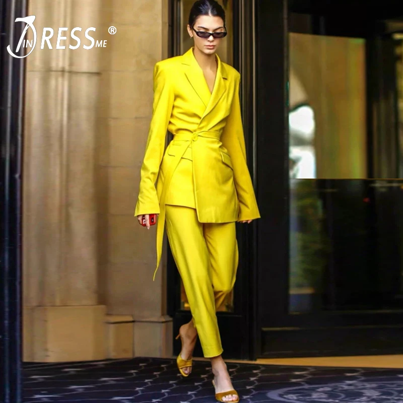 INDRESSME новые модные повседневные женские костюмы офисные женские комплекты из двух предметов топ с v-образным вырезом и длинными рукавами с поясом прямые брюки