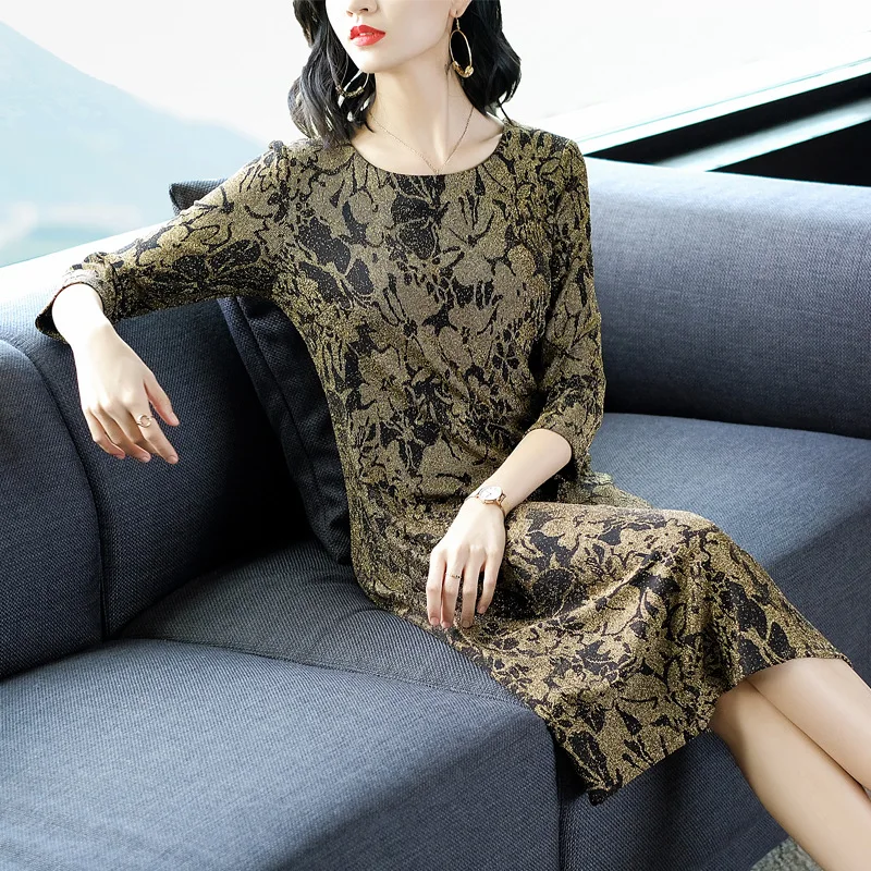

2019 Autumn-Popular New Style Printed Base Skirt Women's Large GIRL'S Loose And Plus-sized Mid-length Middle-aged Dress
