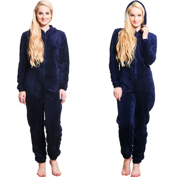 

Womens Solid Color Comfy Brushed Plush Thickening Zipper One Pcs Jumpsuit Combinaison Pyjama Onesie Women Nightwear Sleepwear