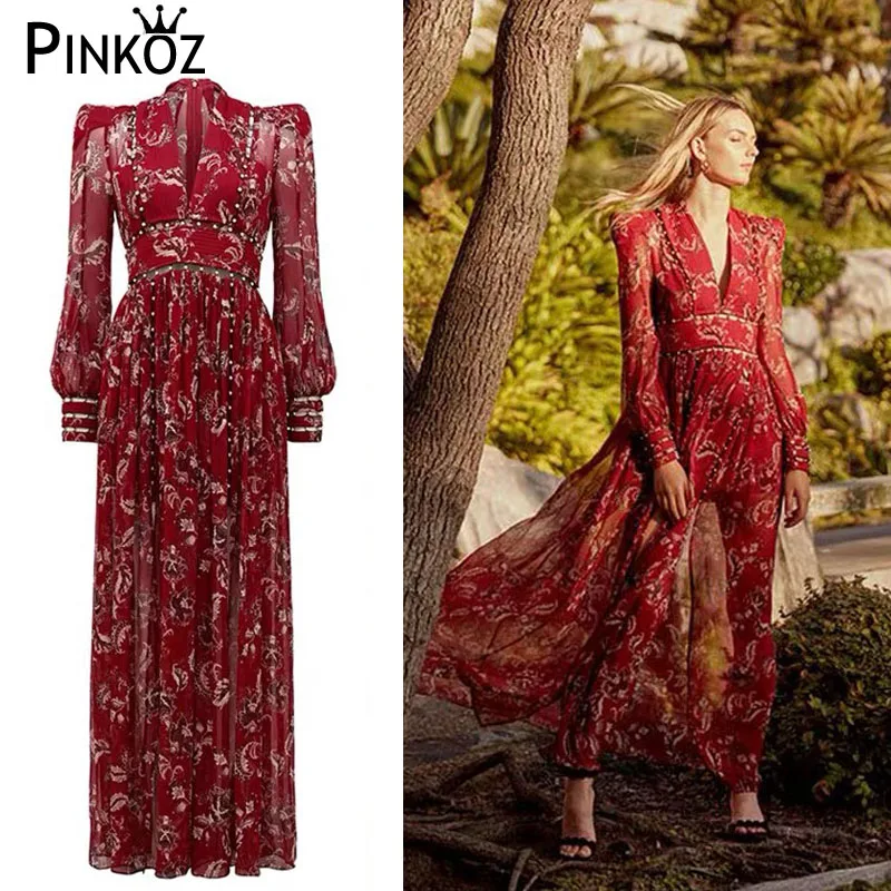 

Pinkoz Designer Runway Dress 2019 Women New High end V-Neck Floral Print Pear Elegant Long Dress Vacation Boho Beach Max Dress