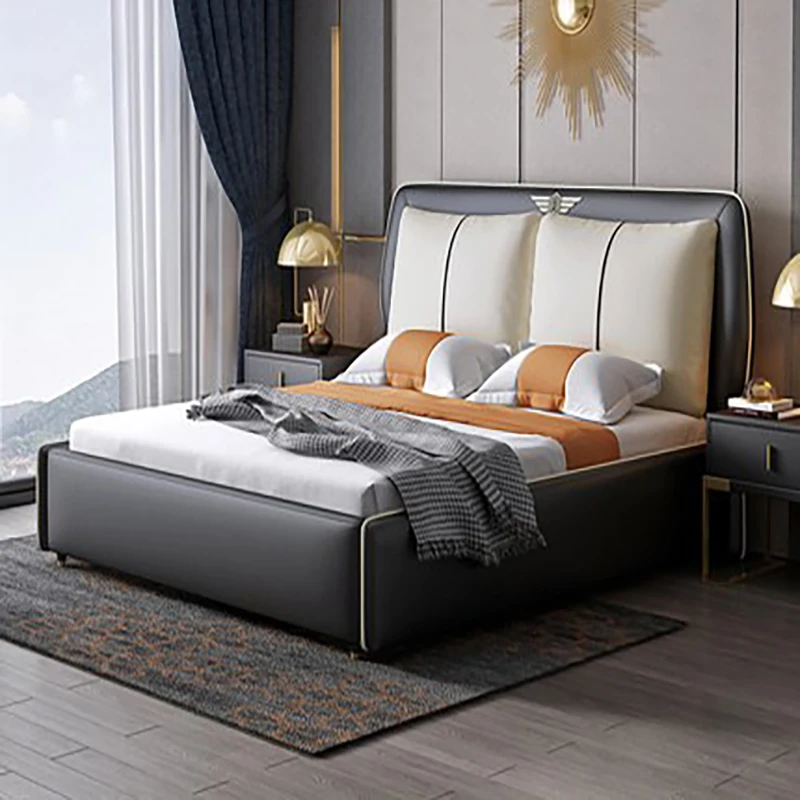 

Post-modern Hong Kong-style light luxury leather bed master bedroom luxury modern simple high-end wedding bed