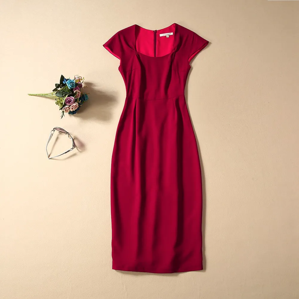 Princess Megan Dress High Quality Runway Women Square Collar Short Sleeve Back Split Solid Elegant Pencil Dresses NP0742MF