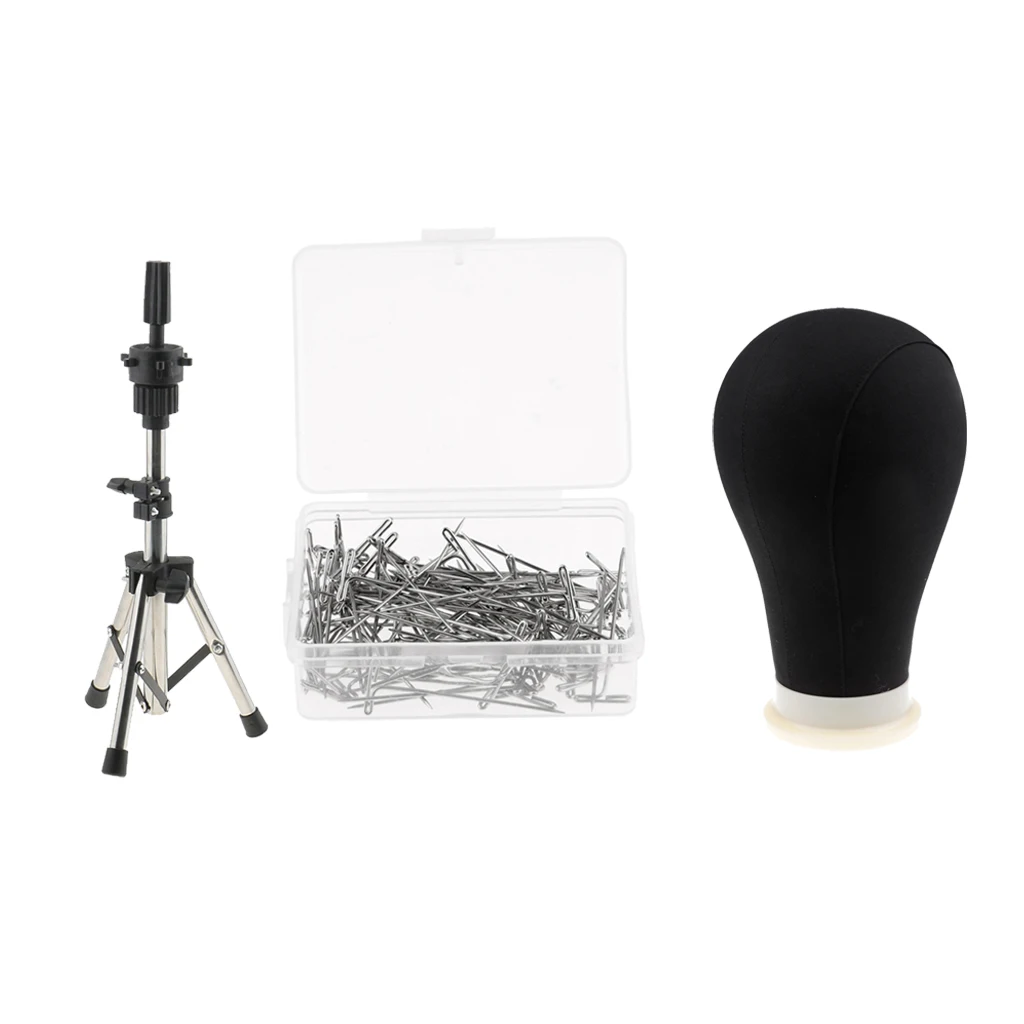 22in Professional Cork Canvas Block Mannequin Head For Wigs With Stainless Steel Adjustable Tripod Stand and 100pcs 3.5cm Pins