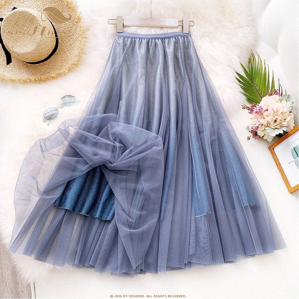 blue skirt SISHION New Arrival Long Women Skirt WF0049 High Waisted Tulle Gradient Color Black Khaki Green Blue Elegant Ladies Skirt black skirt