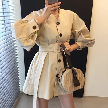 

Spot chic Korean v-neck easy accept waist long lantern sleeve dress in long sleeve shirt skirt