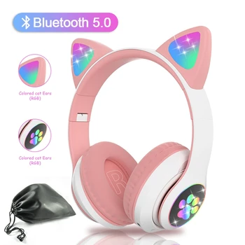 

Cute Cat Wireless Kids Headphone with Mic and bag Can Close Light Girl Phone Gamer Music Bluetooth Earphone Support TF Card Gift