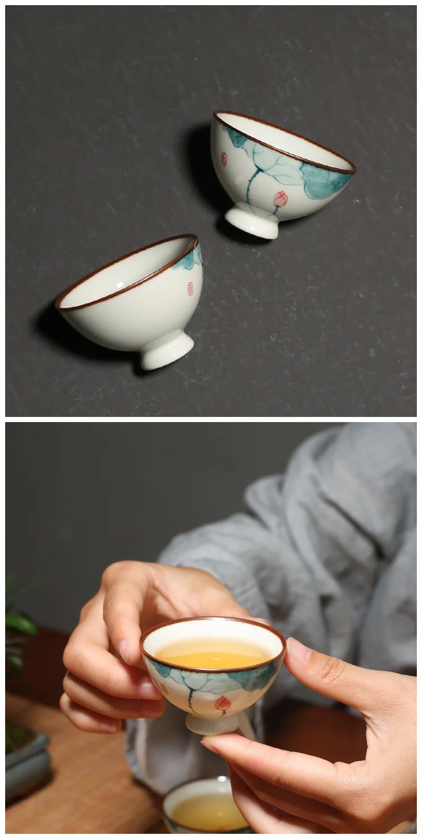Description Picture 5 of itemVintage Ceramic Teacup Personal Meditation Cup Hand Painted Lotus Tea Bowl Master Cup Handmade Boutique Tea Set Accessories