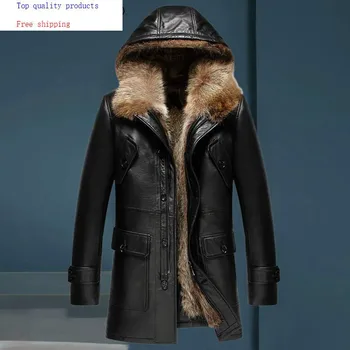 

Genuine Leather Jacket Men Winter Real Fur Coat Natural Raccoon Fur Liner Sheepskin Coat Hooded Warm 2020 6066 KJ3634