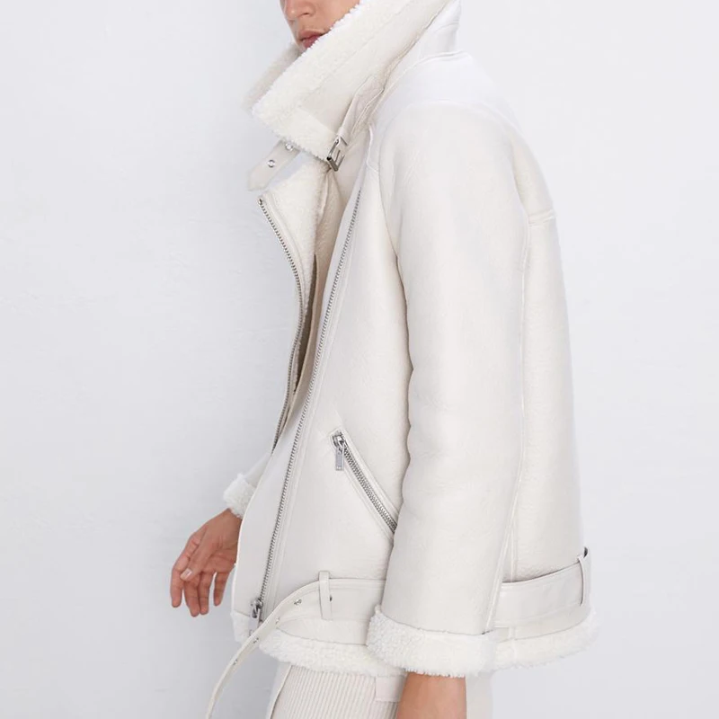 LUZUZI, женская бежевая Меховая куртка из искусственной кожи, пальто с поясом, отложной воротник, для девушек,, зимнее плотное теплое пальто большого размера
