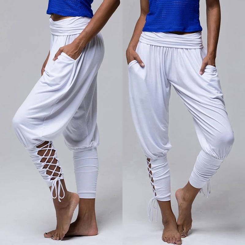 

2020 Yoga Pilates Pants Women Soft Solid Lace Up Jogger Harem Pants Gym Fitness Loose Bandage White High Waist Pocketed Pant