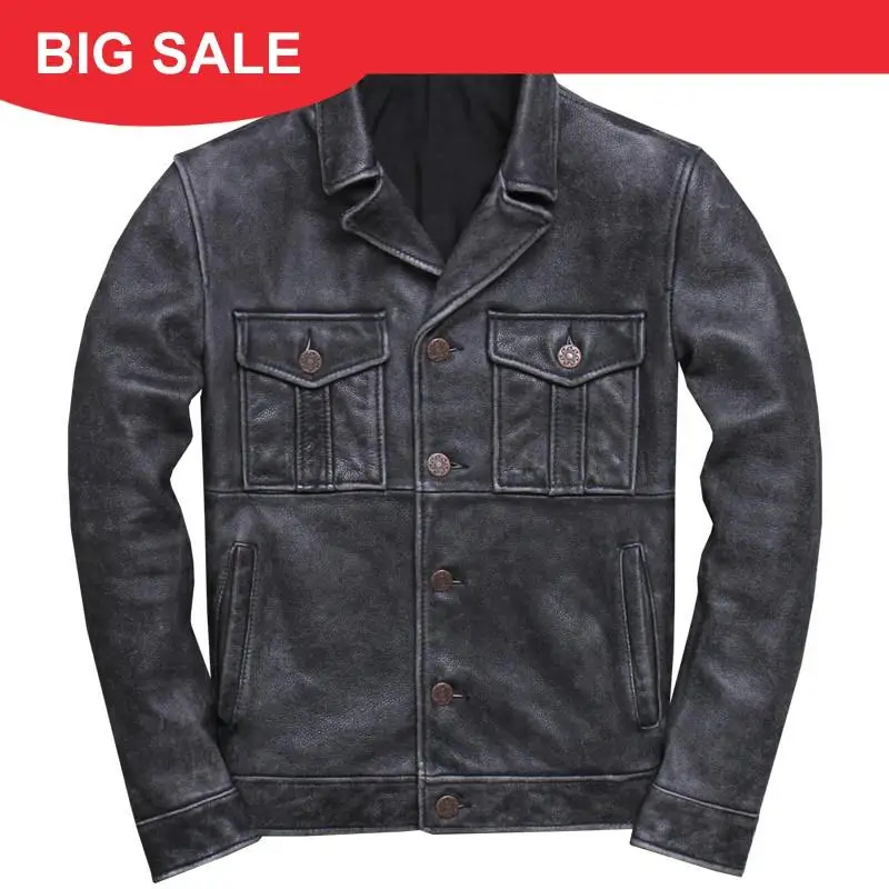 

2020 Vintage Grey Men American Casual Style Leather Jacket Plus Size XXXL Genuine Cowhide Spring Short Natural Leather Coat