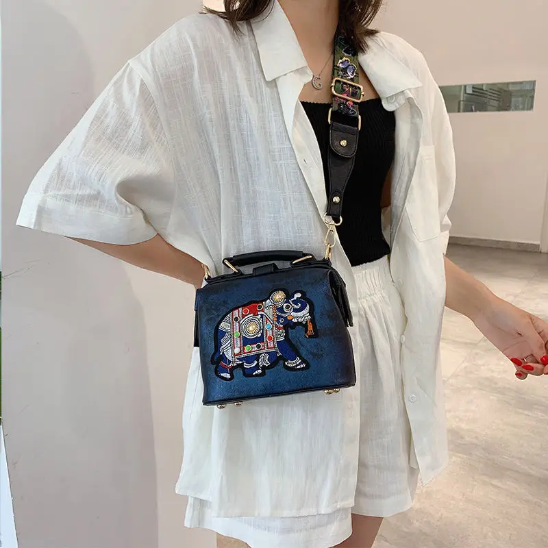 Vintage Embroidery Elephant Bag Bags Wide Butterfly Strap PU Leather Chain Women Shoulder Crossbody Bag Tote Women's Handbags