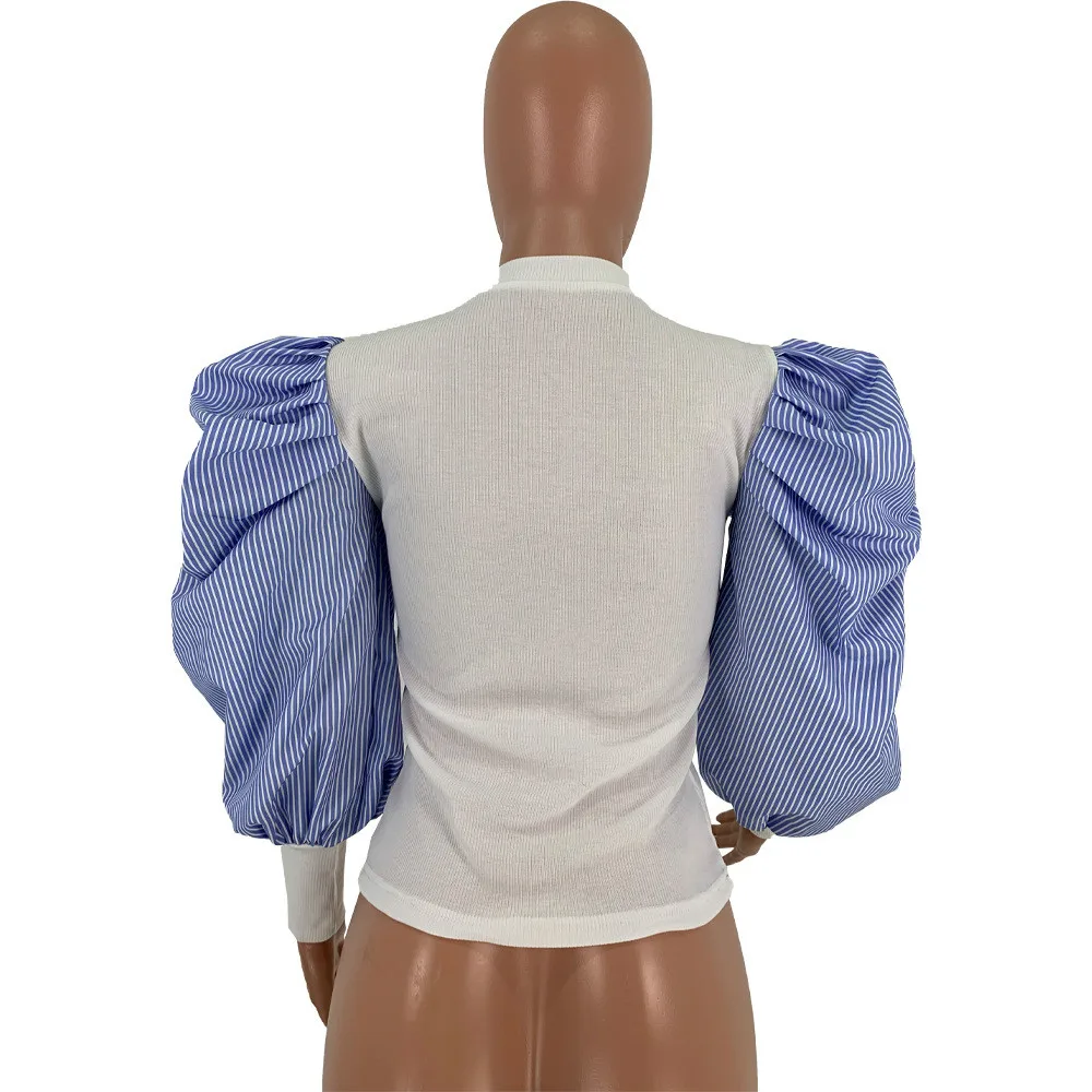 Весенне-осенняя трикотажная рубашка в рубчик, блузка, женские топы и блузки, милые женские топы с рукавами-фонариками, уличная женская блуза