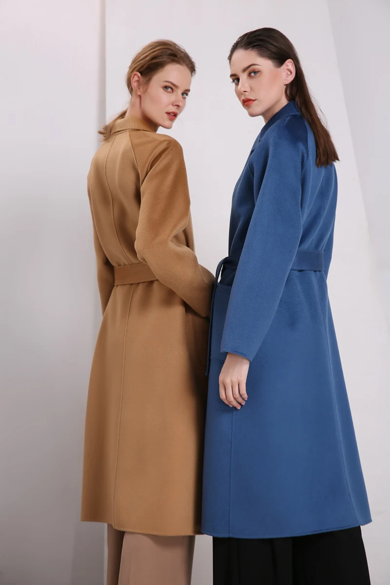 Luxury Women's Runway Coats Turn Down Collar Long Sleeves Sash Belt Elegant Double Cashmere Wool Overcoats Winter Outerwear