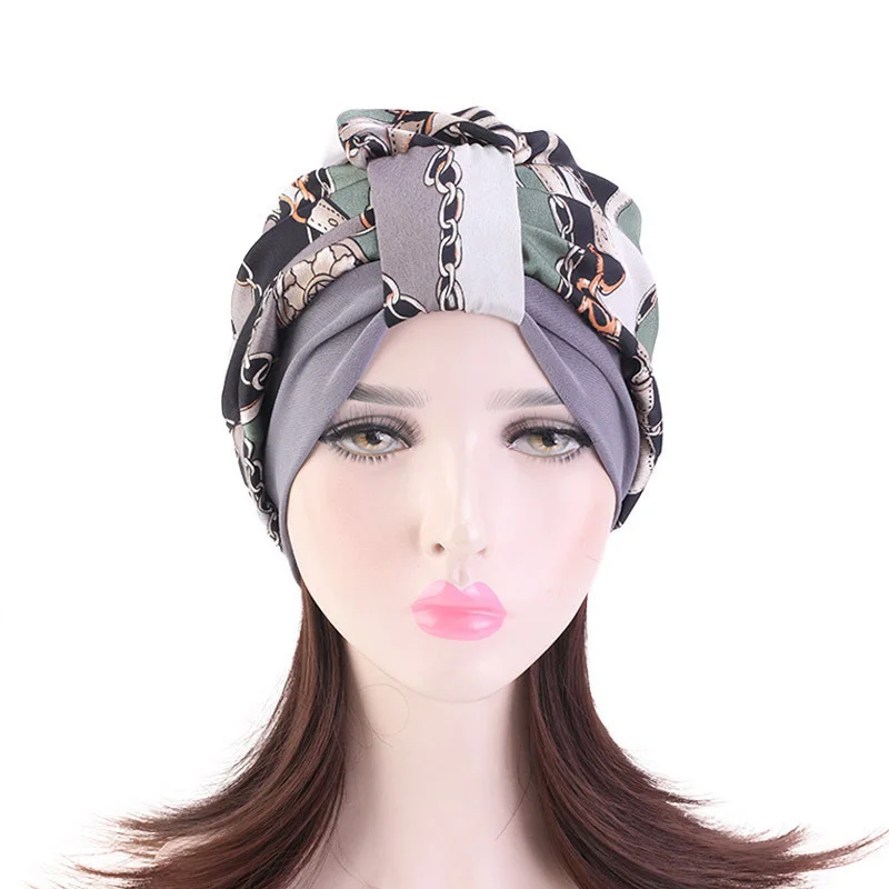 Fashion Stretch Turban Cap Simulation Silk Muslim Hat Sleeping Hat Chemotherapy Cap Retro Print Bandanas Headwear Elegant Hijab