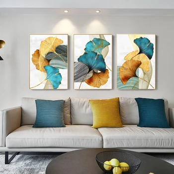 3 paneles de hojas verdes doradas, impresiones artísticas de pared nórdica, Cuadros Decorativos, pósteres e impresiones, Cuadros de decoración para el hogar