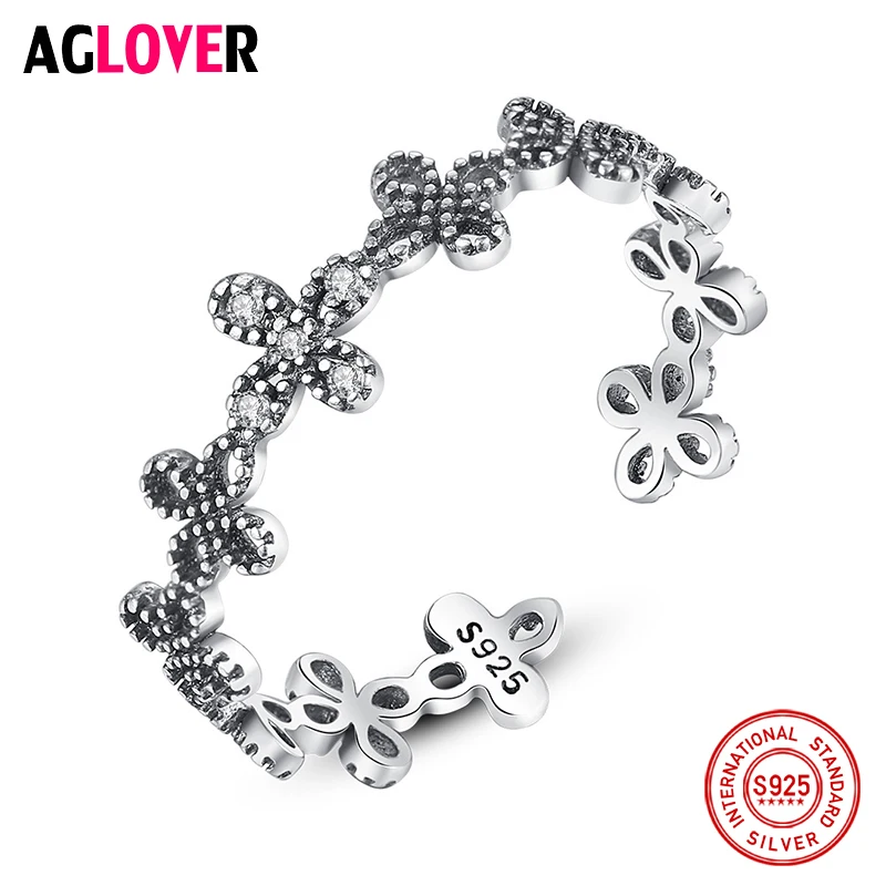 

AGLOVER New 925 Sterling Silver Ring Resizable Flower Lady Retro Simple Thai Silver Ring Couple Gift Jewelry Free Shipping
