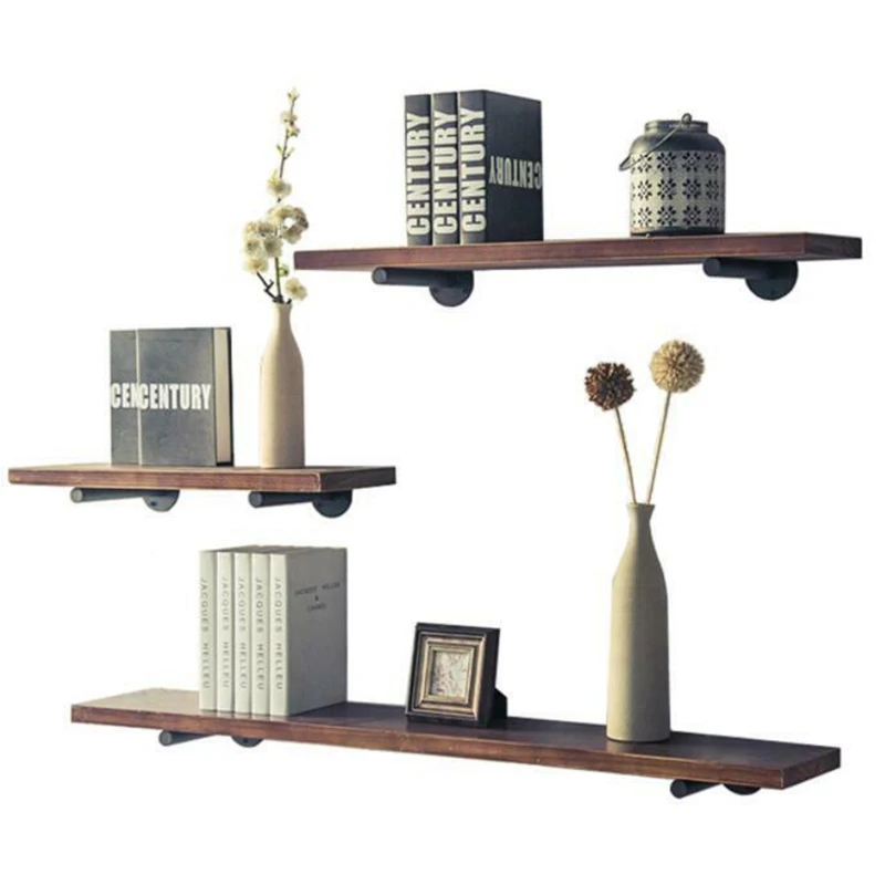 Wall Shelf Holder Bracket Book Shelving Wood Iron Pipe Home Decor Storage
