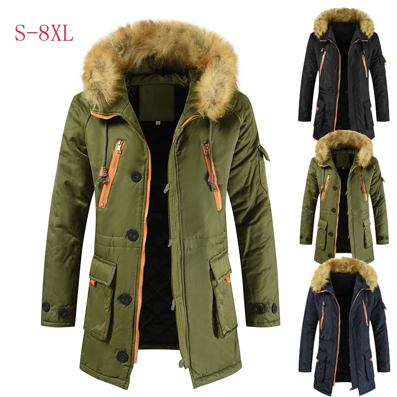 

2019 New Products Mid-length Cotton Coat Men's Brushed And Thick Warm Coat Ultra Large Fur Collar Cotton-padded Clothes Couples