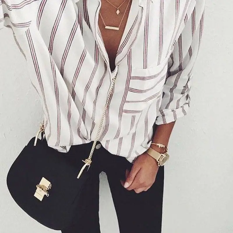 

Women Fashion Women Shirts Blouse Casual Cotton Blend Striped Long Sleeve Ladies Shirt Loose Tops Blouse