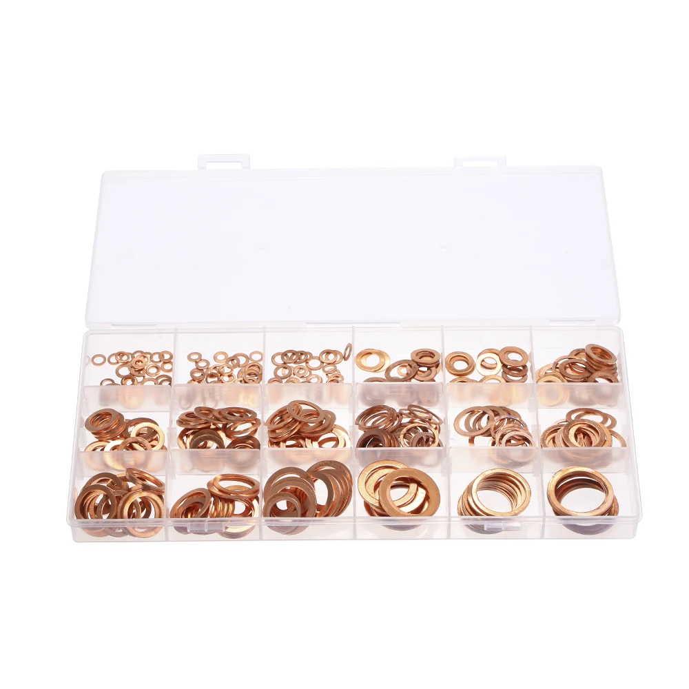 

395pcs Copper Washers Set Solid Copper Washer Gasket Sealing Ring Assortment Kit Set with Case 18 Sizes M 4-M 26