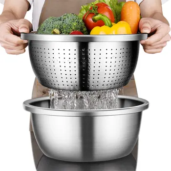 

Heavy Duty Kitchen Strainer，Draining Basket Colanderwith 304 Stainless Steel Basin 2PCS for Food Vegetable Rice Fruit
