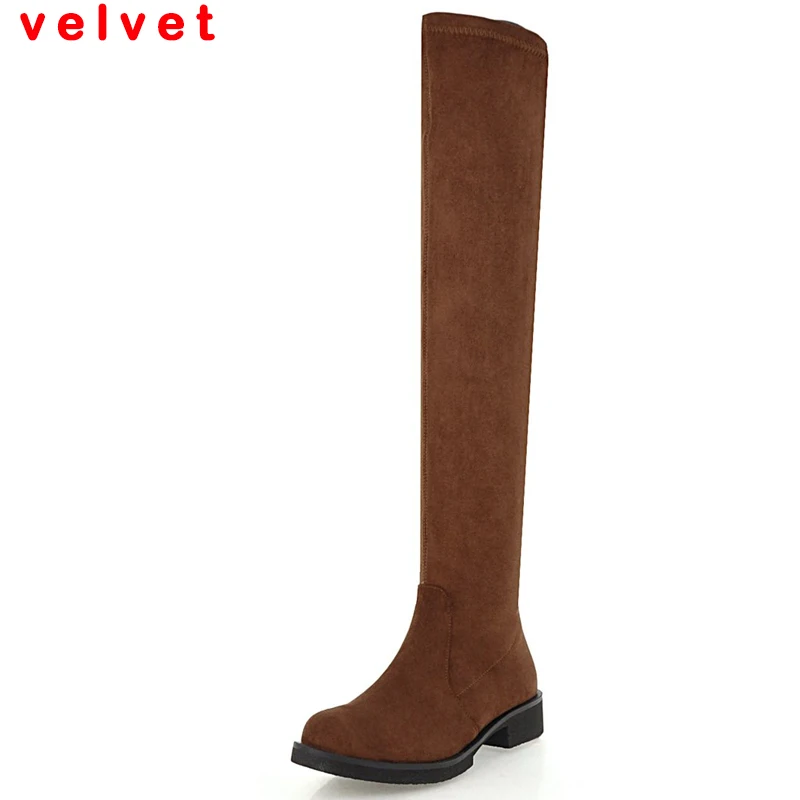Brown-Velvet Haoshen& Girl/женские зимние сапоги выше колена замшевые сапоги с высоким голенищем на молнии теплые высокие сапоги с острым носком на низком тонком каблуке размер 33-46 - Цвет: Brown-Velvet