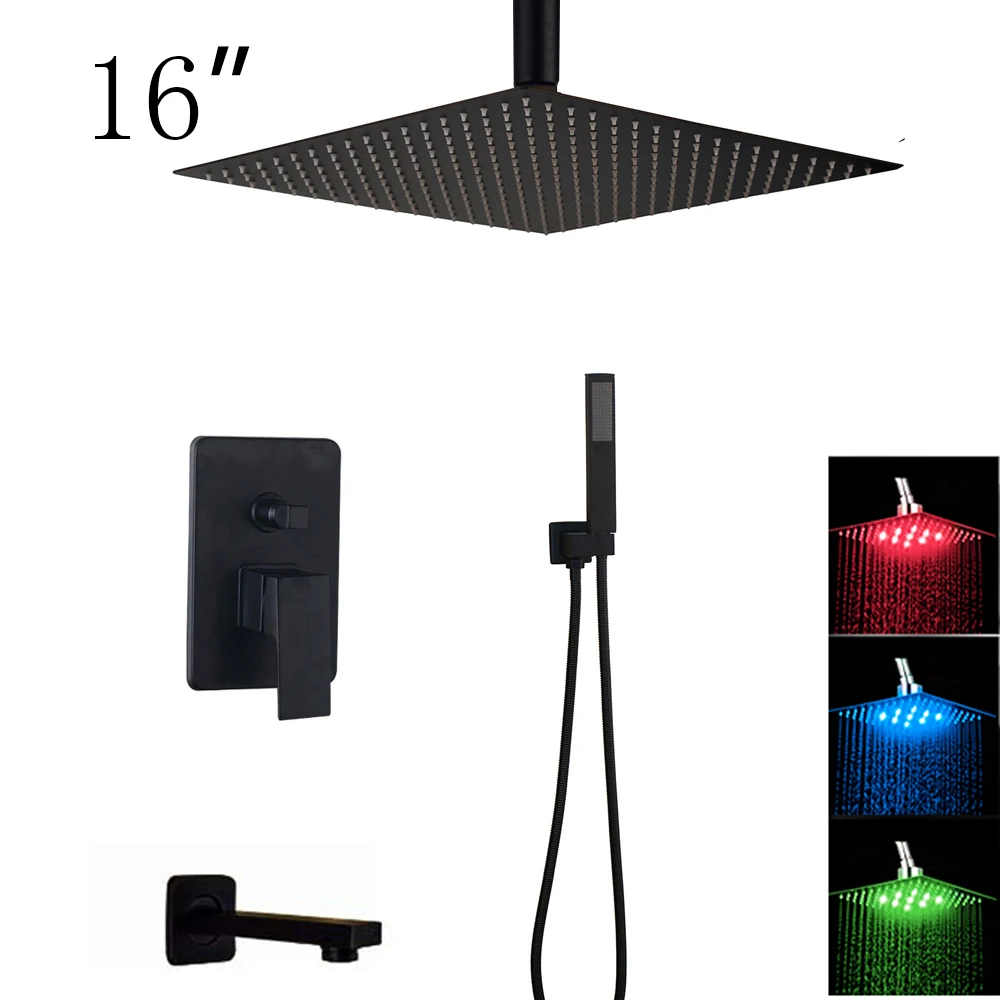 Светодиодный светильник для ванной комнаты, смеситель для душа, латунный черный душ с дождевой насадкой и ручной душ, настенный душевой кран - Цвет: 510191WL-16S3