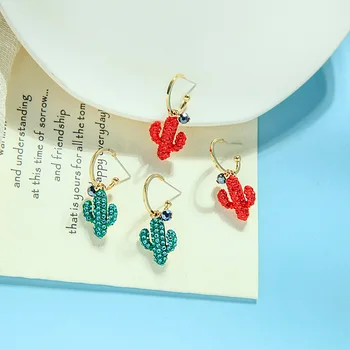

BALANBIU 2020 New Cute Cactus Drop Earrings For Women Gifts Delicate Red Green Crystal Enamel Earrings Fashion Jewelry Wholesale