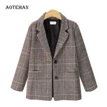 Осенне-зимний женский Блейзер, повседневный элегантный блейзер с длинным рукавом, верхняя одежда для женщин, винтажный офисный однобортный клетчатый блейзер