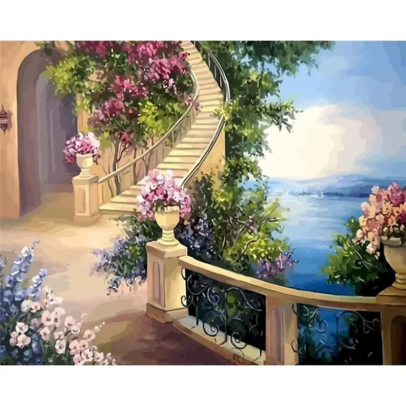 

GATYZTORY Frame Diy Painting By Numbers Seaside Stairs Paint By Number Landscape Handpainted Wall Decor Frame 60Ã—75cm Gift