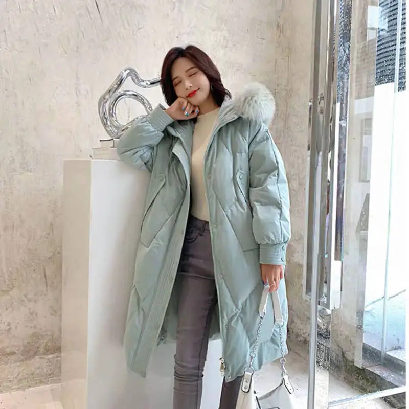 Bella Philosophy Wonder new Solid Warm Down Coat Lady Raccoon Fur Collar Elegant long Outwear Female White Duck Down Coats