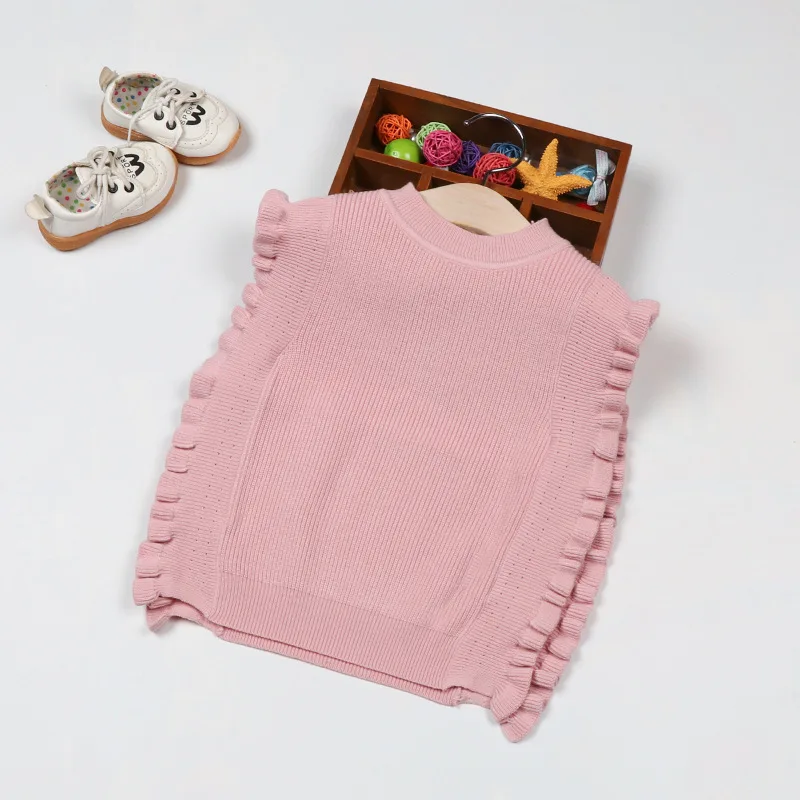 Свитер с кружевными оборками для маленьких девочек, жилет детский костюм с вырезом-лодочкой, пальто весенне-осенний детский пуловер без рукавов, хлопок, смешанный, удобный - Цвет: Pink