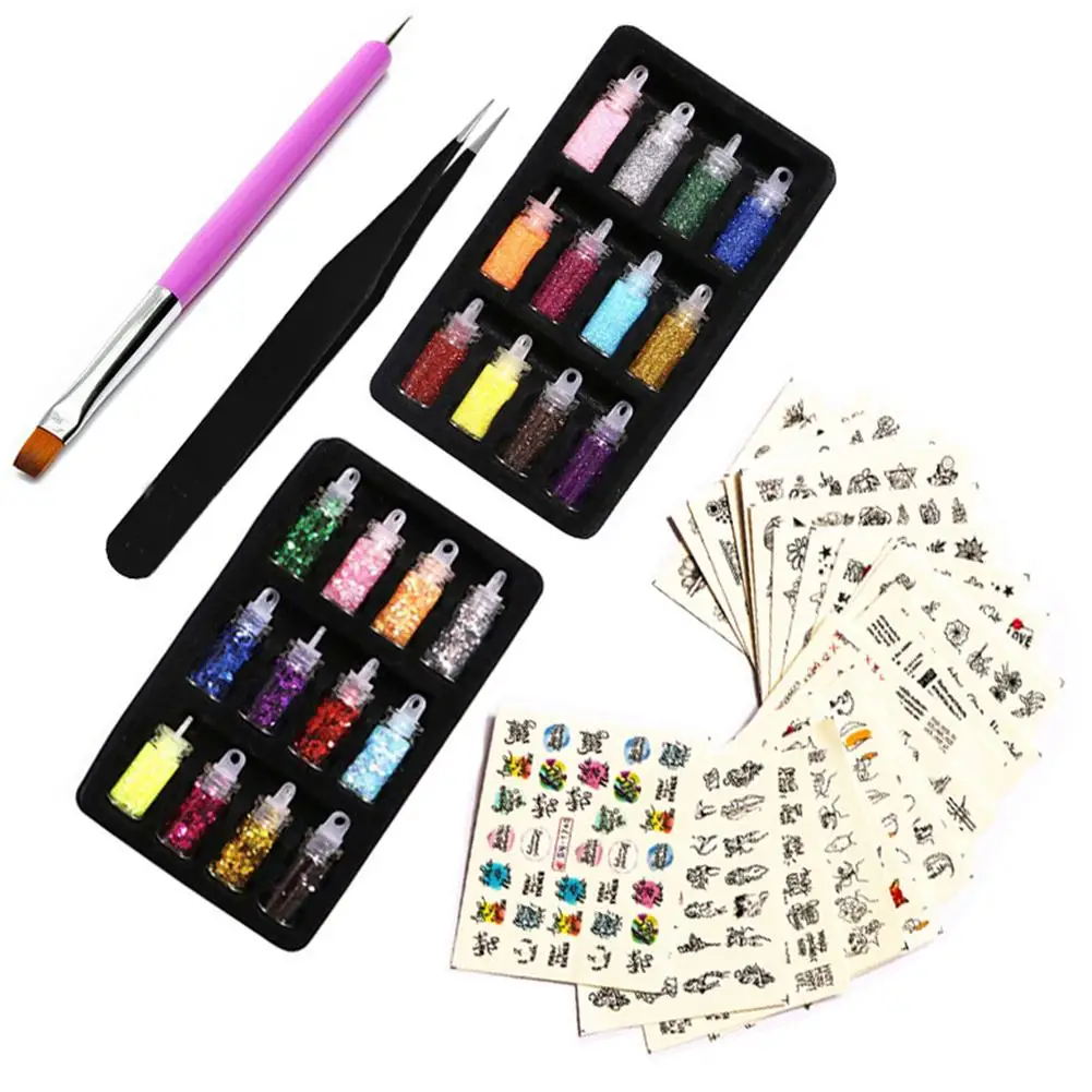 Разноцветные Блестки для ногтей, блестящая пудра, наклейки для маникюра, нейл-арта, наклейки с кистью, пинцеты для женщин, быстрая, практичная