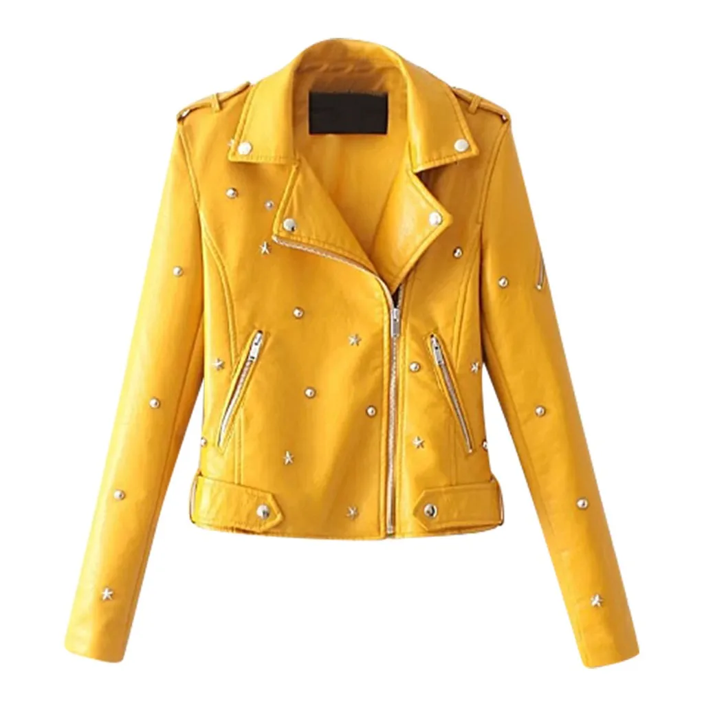 Осенне-зимние куртки, Женская Повседневная однотонная куртка на молнии с лацканами и длинным рукавом, кожаная куртка с заклепками, пальто, chaquetas mujer, уличная одежда - Цвет: Цвет: желтый