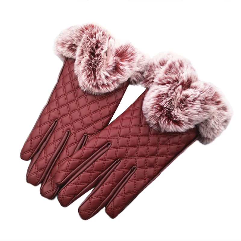 Sparsil, Женская Зимняя перчатка из искусственной кожи, высокое качество, полный палец, имитация кроличьего меха, перчатки для сенсорного экрана, теплые элегантные женские варежки