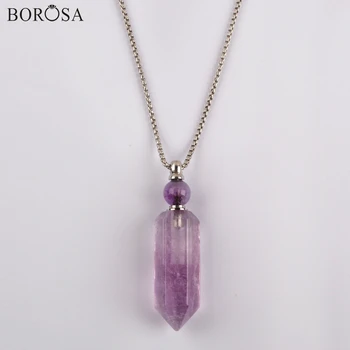 

BOROSA Amethysts Perfume Bottle Stone Pendant Necklace Gems Stones Essential Oil Diffuser Silver Plated Necklace WX1508