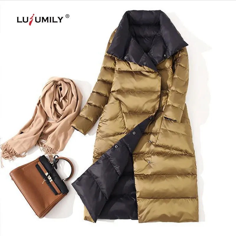 

Lusumily Double Sided Wear Women Long Down Jacket Winter Turtleneck White Duck Down Parka Double Breasted Warm Coat Snow Outwear