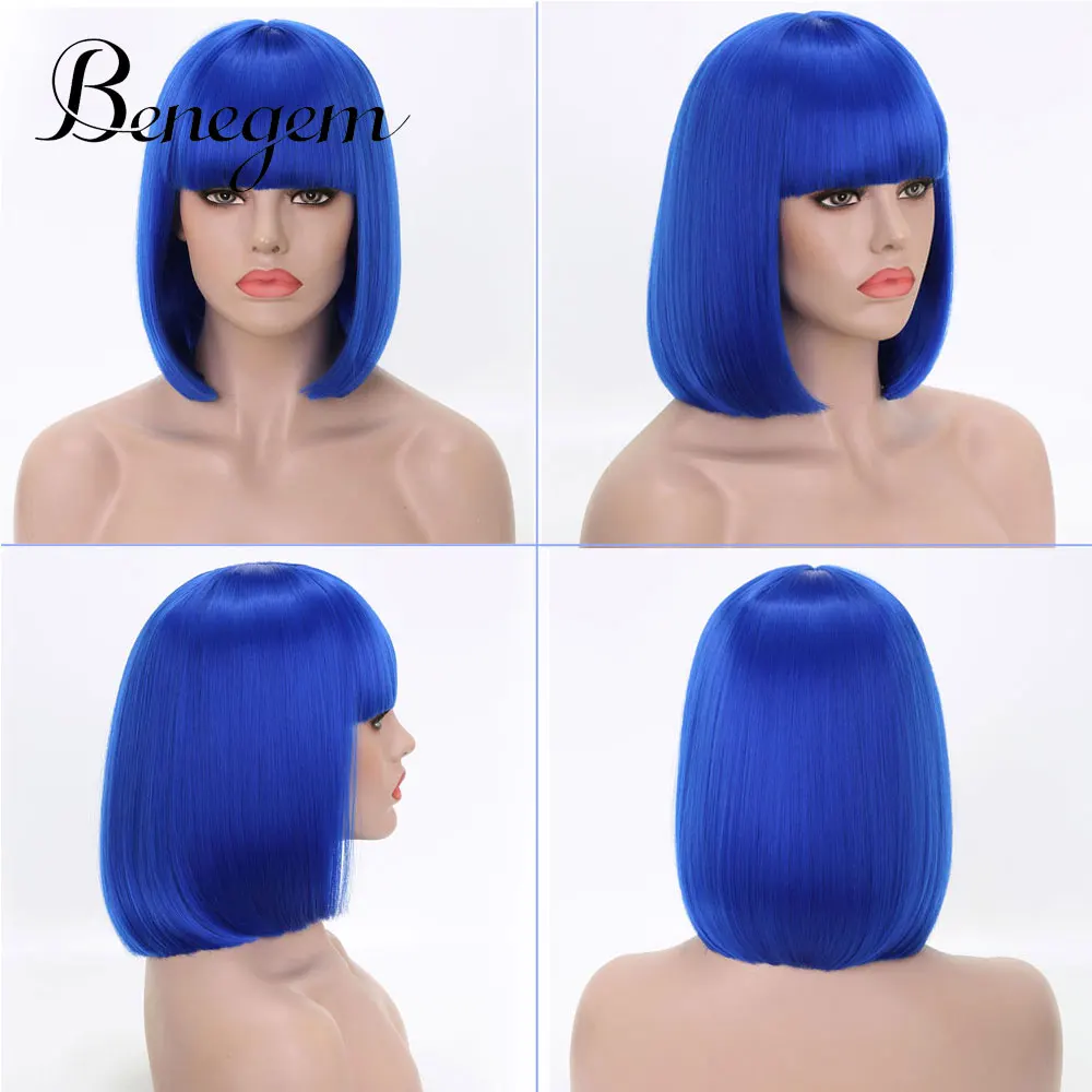 Benegem Blonde Bob Wig Short Wig with Bangs 14 Women Wig Synthetic Halloween Cosplay Party Wig