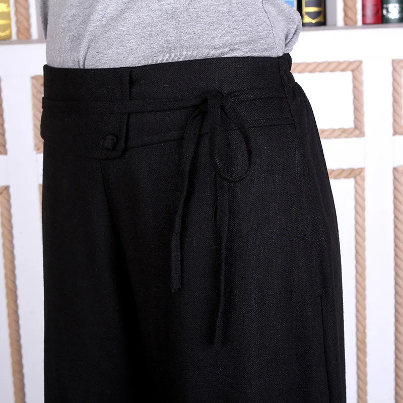 Китайский стиль, черные расклешенные брюки для женщин, Ретро стиль, повседневные штаны, полная длина, свободные женские брюки, китайские традиционные брюки