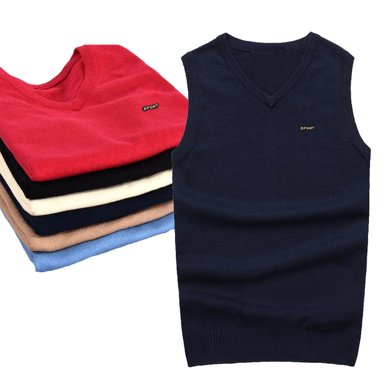 Chaleco con cuello en V para hombre, ropa informal de punto sin mangas, suéteres de lana y algodón de 100%, directo de fábrica, otoño e invierno, 2019