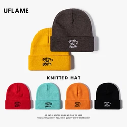 UFLAME Designer Winter Knitted Cap Letter Embroidery Beanies for Women Men Unisex Warm Hip Hop Skullies Beanies Couple Acne Hats